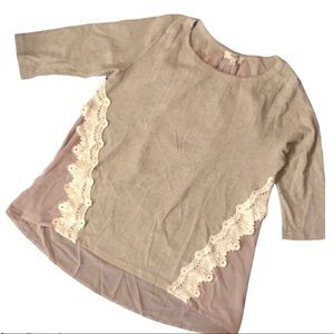 Umgee Tan Work Date Night Blouse Cream Lace Trim